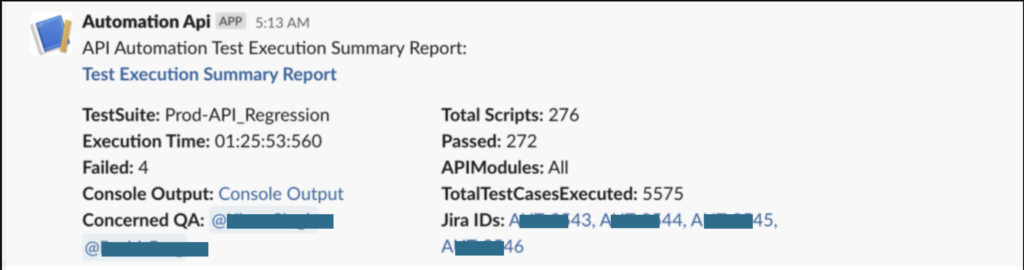 API Automation Architecture - Sample Slack Notification with Created Jira Tickets